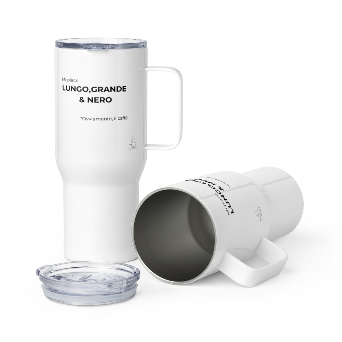 Tazza da viaggio con manico "Mi piace lungo grande & nero. Ovviamente il caffè"