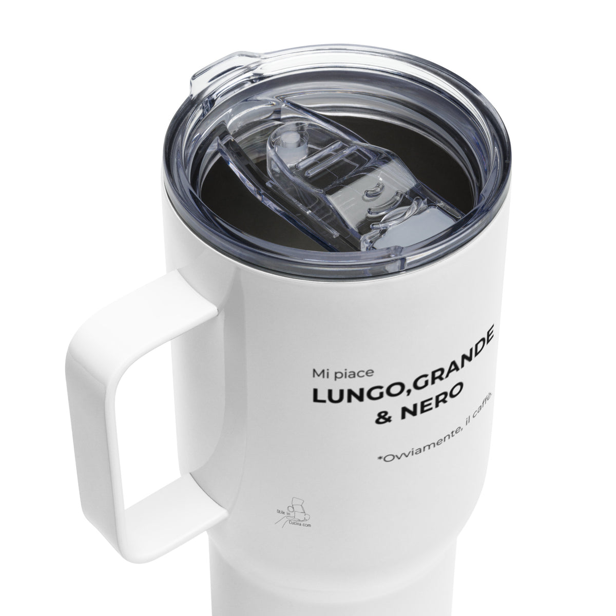 Tazza da viaggio con manico "Mi piace lungo grande & nero. Ovviamente il caffè"